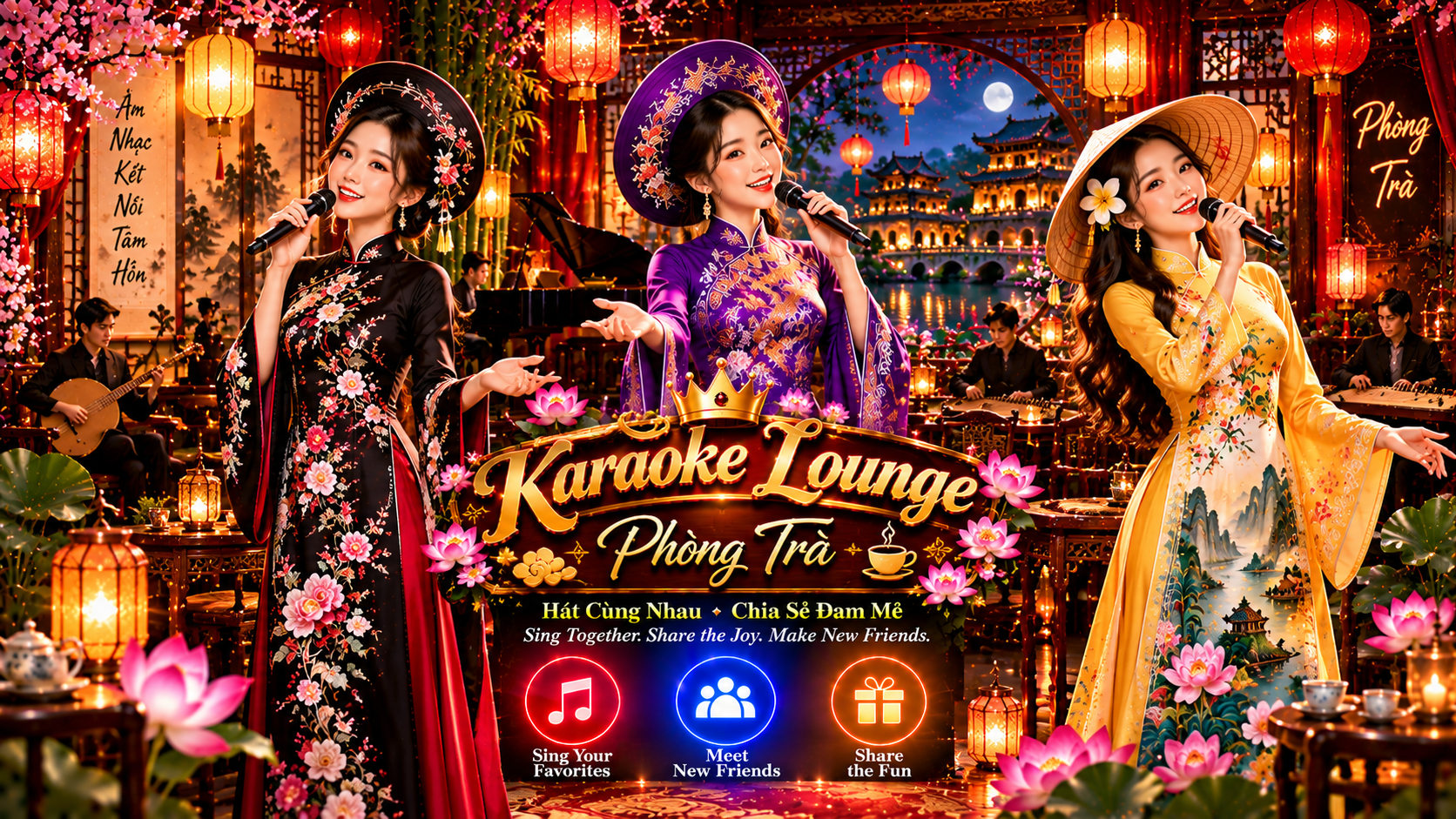 Karaoke Lounge — colorful stage, microphone, and singing community